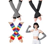 ZPLASK 3 Pairs Long Striped Arm Warmers for Women, Fingerless Arm Warmer Gloves, Long Fingerless Gloves for Office Typing Computer Autumn Winter Accessories
