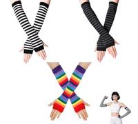 ZPLASK Arm Warmers, Long Fingerless Gloves for Cosplay and Daily Use, 3 Pairs Set in Black Grey Black White and Rainbow, Hand Warmers for Office Typing and Outdoor Activities