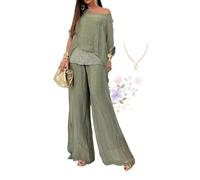 ZPLMIDE 2024 Summer Chiffon Sequined Casual Suit for Women, Elegant Chiffon Wide-leg Pants Two-piece Set trouser suits for ladies wedding (XXL,Green)