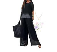 ZPLMIDE 2024 Summer Chiffon Sequined Casual Suit for Women, Elegant Chiffon Wide-leg Pants Two-piece Set trouser suits for ladies wedding (XXL,Black)