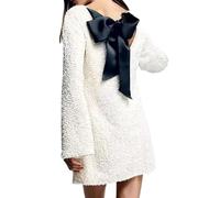 ZPLMIDE Sequin Back Tie Up Bow Loose Mini Dress, Women's Ribbon Long Sleeve Short Dress Party Club Festival Backless Dresses (XXXL,White)