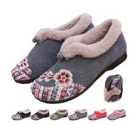 ZPLMIDE Women's Soft-Soled Non-Slip Warm Cotton Boots, Floral Embroidered Slip-On Winter Boots Indoor Outdoor Cozy Booties Flat Loafers (7.5,Grey)