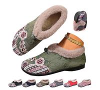 ZPLMIDE Women's Soft-Soled Non-Slip Warm Cotton Boots, Floral Embroidered Slip-On Winter Boots Indoor Outdoor Cozy Booties Flat Loafers (3,Green)