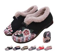 ZPLMIDE Women's Soft-Soled Non-Slip Warm Cotton Boots, Floral Embroidered Slip-On Winter Boots Indoor Outdoor Cozy Booties Flat Loafers (5,Black)