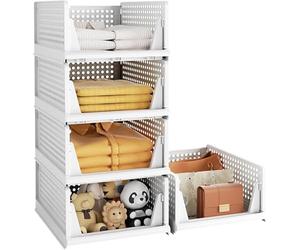 ZPONEED Set of 5 Stackable Foldable Wardrobe Storage Box, Stacking Drawer Racks, Plastic Wardrobe Shelves Closet, Clothes Organiser Box, Suitable for Home, Bedroom, Kitchen, Pantry