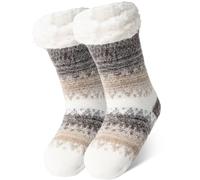 Zpophue Fuzzy Socks with Grippers for Women Men, Christmas Gift-Fluffy Cozy Slipper Socks, Winter Warm Soft Stockings No Slip Indoor for Hospital Room, Khaki, 6-9.5 X-Wide Women/7-8 X-Wide Men