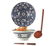 ZPPLD Ceramic Ramen Bowl Set,Large Porcelain Japanese Bowl,1100ml Japanese Noodle Soup Bowl,with Spoon Chopsticks,Salad Bowls (E)