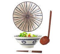 ZPPLD Ceramic Ramen Bowl Set,Large Porcelain Japanese Bowl,1100ml Japanese Noodle Soup Bowl,with Spoon Chopsticks,Salad Bowls (F)