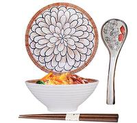 ZPPLD Ceramic Ramen Bowl Set,Large Porcelain Japanese Bowl,1100ml Japanese Noodle Soup Bowl,with Spoon Chopsticks,Salad Bowls (B)