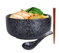 ZPPLD Porcelain Large Noodle Bowls,1000ml Ramen Bowl Set,Japanese Ceramic Bowl,Pasta Bowls with Spoon,Chopsticks,Soup Bowl, for Rice,Salad, Noodle (Black)
