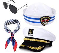 ZPSCXQ 4-Piece Captain Hat Set, Sailor Costume Accessories with Glasses, Badge and Ribbon, Yacht Party Hat Roleplay Props for Adults