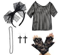 ZPSCXQ 5pcs 80s Fancy Dress for Women, Black Mesh Top Women, 80s Fancy Dress, Lace Headband Earrings Fishnet Gloves Mesh Top Retro Party Necklace for Party Carnival Ladies