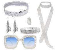 ZPSCXQ 7 Piece Abba Accessories, 70s Fancy Dress Women, Retro Disco Costume Set with Gradient Blue Mirror Sunglasses, Long Scarf, Earrings, Bracelet, Ring, Headband for Theme Parties and Events
