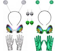 ZPSCXQ 8pcs Alien Set,Glasses Costume Glitter Ball Boppers Headband Costume Gloves Alien Earrings Halloween Party Favor Supplies for Adult Halloween(Green,Silver)