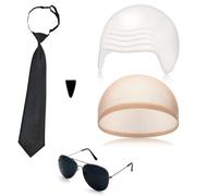 ZPSCXQ Adults Mr Worldwide Accessory Set - 5-Piece Nude Latex Bald Cap, Black Sunglasses, Tie,Black Soul Patch for Cosplay, Halloween, Theatrical Makeup & Fancy Dress Parties