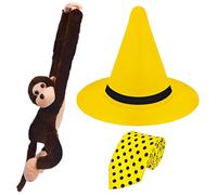 ZPSCXQ Curious George Costume, Yellow Hat With Polka Dot Tie And Monkey Companion For Halloween Cosplay, Adult Themed Party Outfit, Three Piece Set With Yellow Pointy Hat