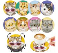 ZPSOSPZ 8Pcs Diamond Art Painting Coasters Kit for Adults-Summer Beach Drinks Coffee Cup Coasters with Holder,5D Gem Dots Painting Craft Set with Cork Backing,Creative Activity Home Decor (Cute Cat)
