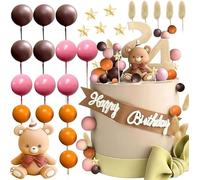 ZPSOSPZ Brown Bear Cake Toppers 26 PCS Teddy Bear Cake Decoration with Gold Pink Brown Pearl Mini Balls Baby Welcome Baby Cake Decoration Party Birthday Party Teddy Bear Birthday Decoration