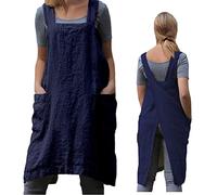 ZQFFB Pinafore Cross Back Apron for Women with Pockets Japanese Smock for Work Gardening Cooking Painting Baking, bule, M