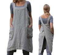 ZQFFB Pinafore Women Cross Back Pocket Apron Japanese Apron for Work Gardening Kitchen Painting Cooking Cooking Cooking, Grey, XL