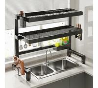 ZQFHSX 2 Tier Dish Rack Over Sink with Utensil Holder & Cutting Board Black Kitchen for Countertop Space Saving Drying Solution Dishes Cookware