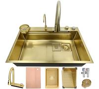 ZQFHSX 65 x 50cm Golden Waterfall Kitchen Sink Stainless Steel 1 Bowl Large Worktop with Pull Out Faucet 2 Drainer Board Soap Dispenser Dishwasher for Glasses
