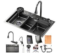 ZQFHSX 75x50cm Kitchen Sink Black with Waterfall, Stainless Steel Single Bowl LED Waterfall Tap for Workplace, Mobile Cutting Board and Drain Set Sink, Modern Multifunctional