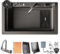 ZQFHSX 80 cm Black Waterfall Sink, 1 Basin Kitchen Workstation Large Stainless Steel Sink with Extendable Tap Set, Knife Holder Box, Cup Washing Machine