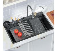 ZQFHSX 86/100 * 52cm Large Stainless Steel Kitchen Sink Hidden Flying Rain Waterfall with Knife Holder and Various Accessories (Color : A, Size 100 52cm)