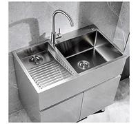 ZQFHSX Bathroom Sinks Large 304 Stainless Steel Laundry Sink Single Bowl Kitchen With Washboard Big Bend Faucet And Drainage Component (Color : Silver, Size 80x48x21cm)