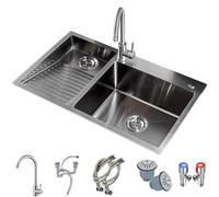 ZQFHSX Bathroom Sinks With Washboard Large 304 Stainless Steel Laundry Sink Multifunctional Kitchen Big Bend Faucet And Drainage Component (Color : Silver, Size 90x48x21cm)
