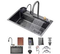 ZQFHSX Black Nano Kitchen Sink 304 Stainless Steel Waterfall Multi-purpose Single Bowl Bar Prep With Faucet And Drain Assembly Drop In Or Under Mount (Color : Black, Size 80x45x21cm)