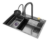 ZQFHSX Black Nano Single Bowl Kitchen Sink 304 Stainless Steel Waterfall Bar Multi-purpose Handmade Rv With 360 ° Pull-out Faucet And Cup Washer Top Mount Or Undermount (Color : Black, Size