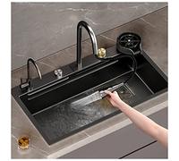 ZQFHSX Black Nano Waterfall Kitchen Sink 304 Stainless Steel Single Bowl Bar Multi-function Handmade Rv With Faucet And Cup Washer Top Mount Or Undermount (Color : Black, Size 72x45x21cm)