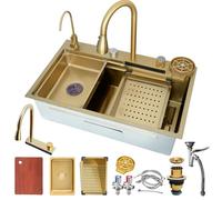 ZQFHSX Black Stainless Steel Waterfall Sink Large Single Bowl Workstation with 360° Pull-Out Faucet, LED Display, Cutting Board, Siphon, & Drain Set - Modern Kitchen Bar Prep Sink(Go