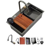 ZQFHSX Black Stainless Steel Waterfall Sink Large Single Bowl Workstation with 360° Pull-Out Faucet, LED Display, Cutting Board, Siphon, & Drain Set - Modern Kitchen Bar Prep Sink(Bl