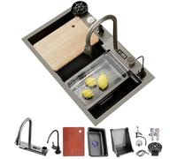 ZQFHSX Black Stainless Steel Waterfall Sink Large Single Bowl Workstation with 360° Pull-Out Faucet, LED Display, Cutting Board, Siphon, & Drain Set - Modern Kitchen Bar Prep Sink(Bl