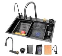 ZQFHSX Black Stainless Steel Workstation Kitchen Sink with Pull-Out Faucet & Cup Washer - Nano Coated Farmhouse Drop-In (Small Basin 68x45x21cm)