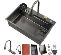 ZQFHSX Black Waterfall Sink, Large Single Bowl Stainless Steel Sink with 360° Pull-Out Faucet, LED Display, Siphon, & Drain Set - Modern Kitchen Bar Prep Sink(Black#0A1,80x50cm)