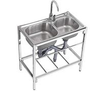 ZQFHSX Catering Sink Free Standing Stainless Steel Utility Sinks for Laundry Room with Hot and Cold Tap Double Bowl, Industrial Garage Commercial Restaurant, Workshop, 32.7" x 17.3" x30.3"