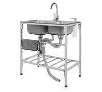 ZQFHSX Commercial Restaurant Sink Bowl- Stainless Steel Utility Free-standing Kitchen Prep Table Cleaning Station Washing Hand Basin Double Bowl Pull Faucet & Combo with