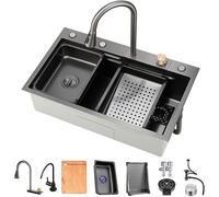 ZQFHSX Drop in Waterfall Kitchen Sink, Stainless Steel Single Bowl Workstation Multifunctional Modern Sink with Pull Down Sprayhead Faucet & Accessories(C,68x45x22cm)