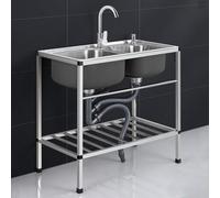 ZQFHSX Free Standing Stainless Steel Double Bowl Utility Sink Commercial Kitchen Set with Cold Hot Taps Washing Hand Basin for Indoor Outdoor Restaurant (78x43x75cm)