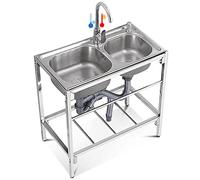 ZQFHSX Freestanding Commercial Restaurant Utility Sink Kitchen Stainless Steel Washing Hand Basin Camping Movable for Garage, Laundry Room, Outdoor Garden,2 Compartment