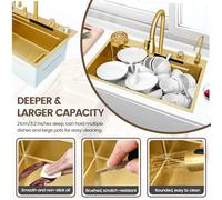 ZQFHSX Gold Kitchen Sink with Pull-Out Faucet Small Basin & Drain Kits Stainless Steel Workstation Bar Nano Coated Farmhouse Drop-In (75x50x21cm)