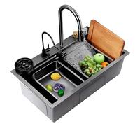 ZQFHSX Gold Stainless Steel Waterfall Kitchen Sink with Pull-Out Faucet Small Basin & Cup Washer Nano Coated Drop-In Farmhouse Bar Workstation (Black 70x50x21cm)