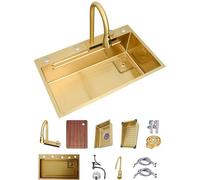 ZQFHSX Golden Stainless Steel Waterfall Sink Versatile Single Bowl Kitchen Workstation Pull-Down Faucet And Complete Accessory Set Dual-Mount (Color : Gold, Size 68x45x22cm