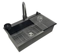ZQFHSX Kitchen Sink, 85 x 50 cm, Black Anthracite Stainless Steel, XL Rectangular Worktop with 3 Tap Holes, Sink Tap, Draining Rack, Soap Dispenser and