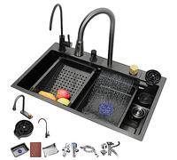 ZQFHSX Kitchen Sink Black Grey Stainless Steel Waterfall Single Bowl WorkstationWith Pull Down Sprayhead Faucet With Multiple Accessories (Color : Black-Gray, Size 75x45x22cm)