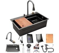 ZQFHSX Kitchen Sink Black with Waterfall, Stainless Steel Single Bowl LED Waterfall Tap for Workplace, Mobile Cutting Board and Drain Set Sink, Modern Multifunctional(Black#01A,75x45cm)